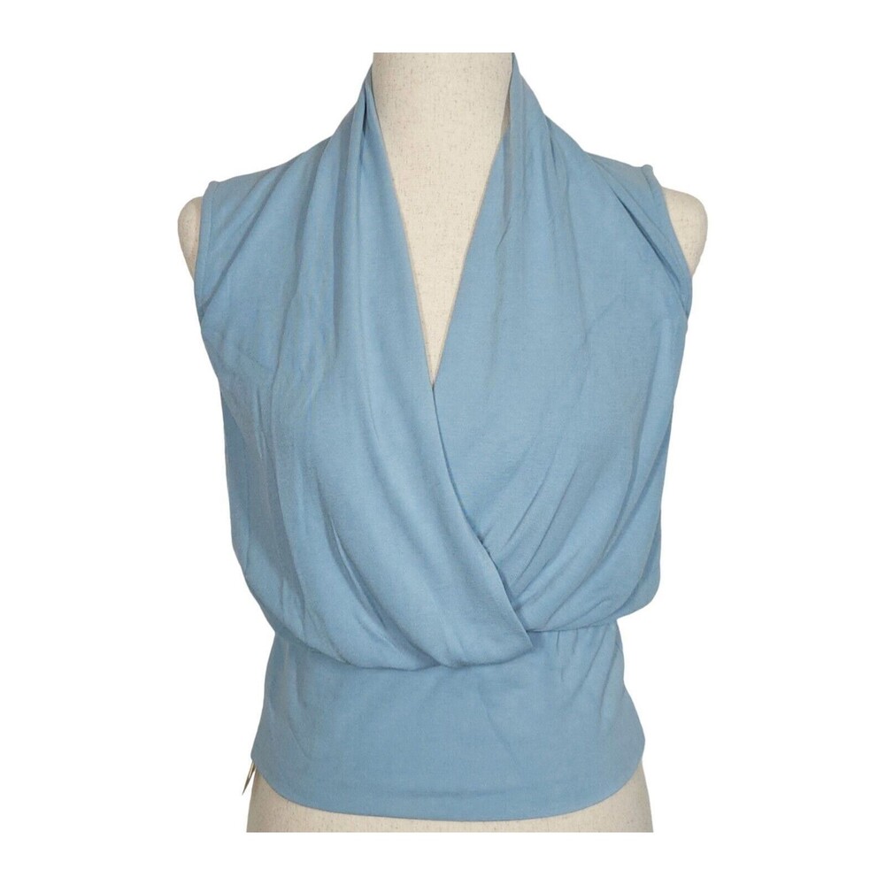 OGL ECO-MOUSSE Light Blue Draped Sleeveless Wrap Top Blouse